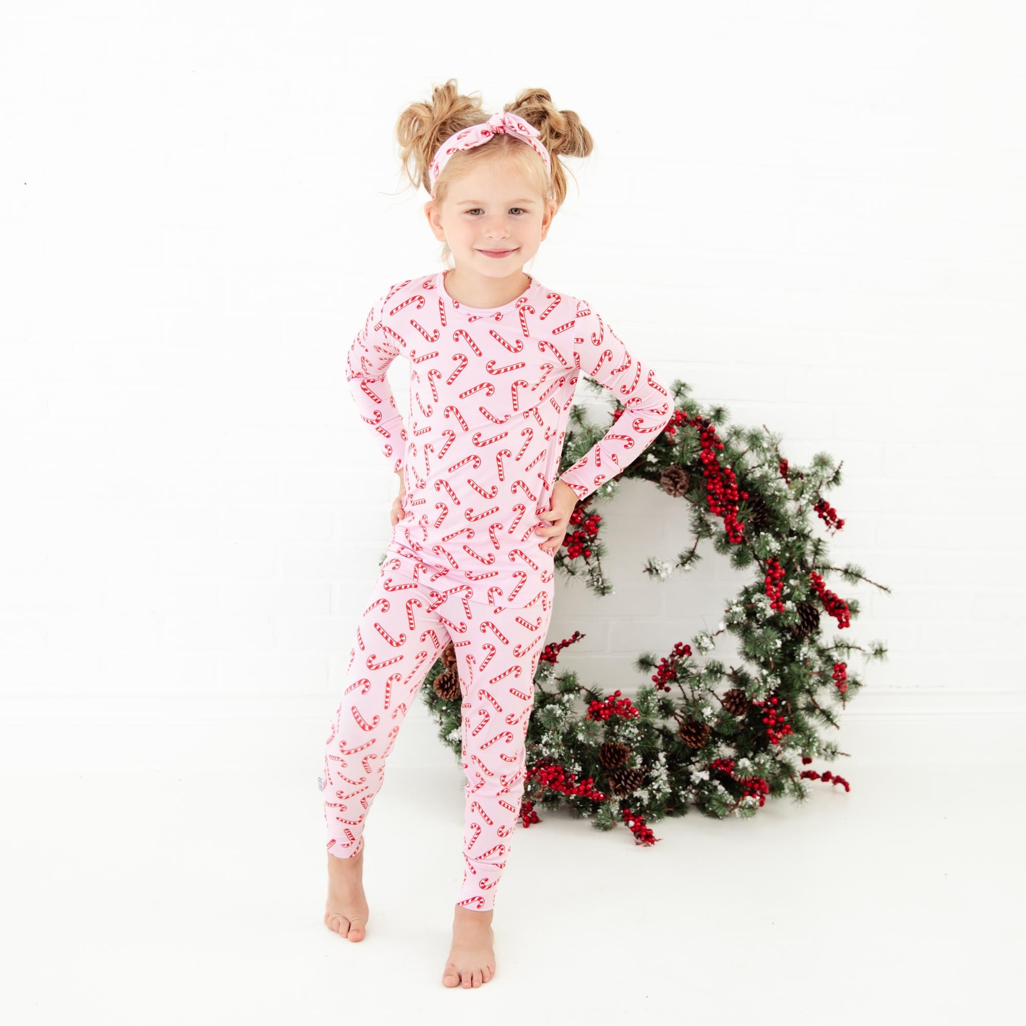 Pink Christmas Candy Cane Print Pocketed Knotted Pajama Set