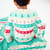Close-up of mint faire isle holiday pajamas.