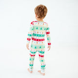 Back view of little boy in bamboo pjs.