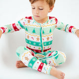 Close-up of mint faire isle print pajamas.