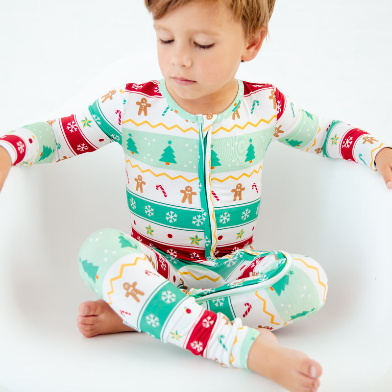 Close-up of mint faire isle print pajamas.