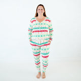 Woman wearing Faire Isle print bamboo pajamas.