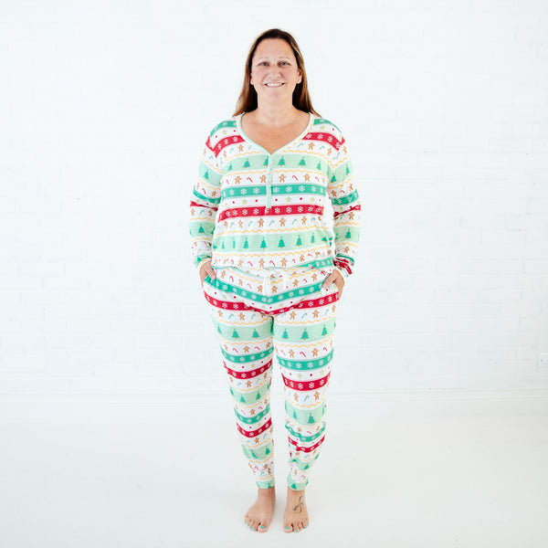 Woman wearing Faire Isle print bamboo pajamas.