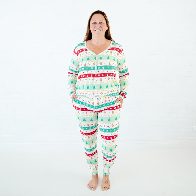 Woman wearing Faire Isle print bamboo pajamas.