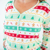 Close-up of faire isle holiday print pajamas.