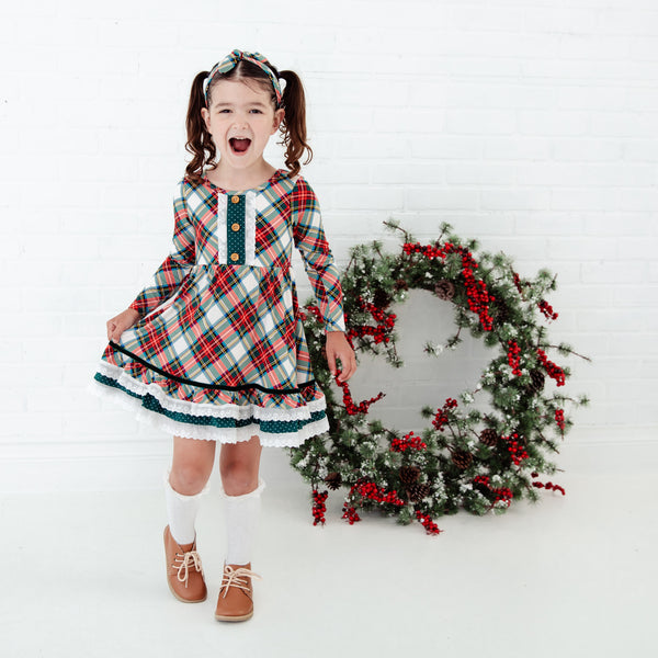 Prancer's Plaid Girl's Bamboo Graceful Ruffle Dress | Dreamiere