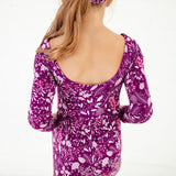 Close-up of scoop back Purple Floral Romper.