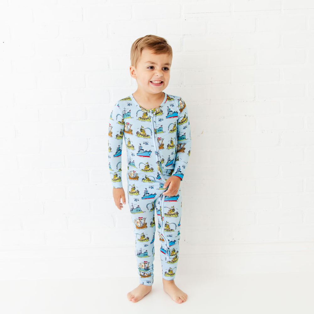 Baby convertible footie with colorful ships and sea theme by Dreamiere