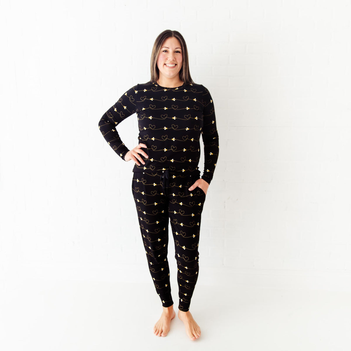 Women's long sleeve loungewear with black bees print by Dreamiere