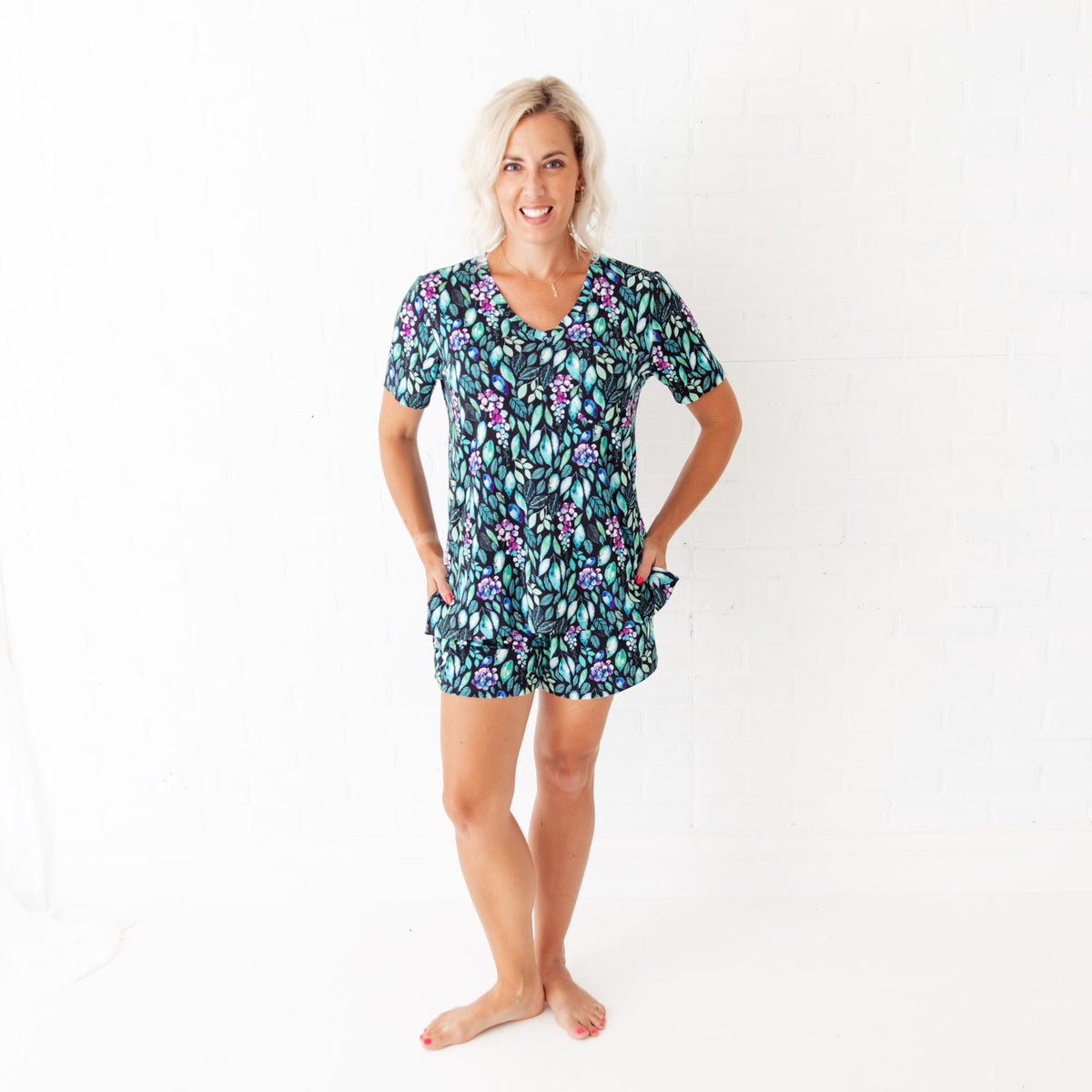 Women's loungewear with black watercolor leaves print from Dreamiere