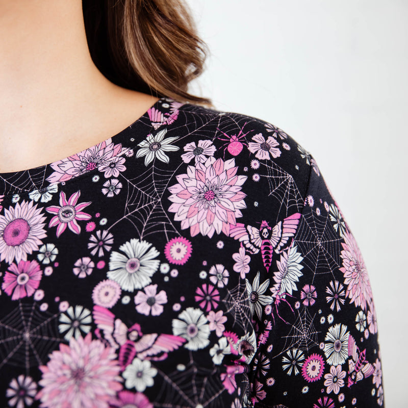 Close up of spooky floral Halloween print.