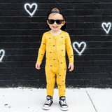 yellow bamboo pajamas with bumble bee hearts