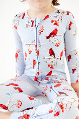 Close-up of Cardinal print bamboo pajamas.
