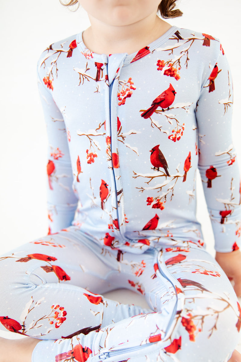 Close-up of Cardinal print bamboo pajamas.