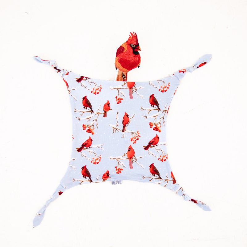 Child's lovey with red cardinals on it. 