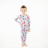 Child wearing Cardinal print bamboo pajamas.
