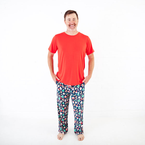 Man wearing Red and Navy Christmas Pajamas.