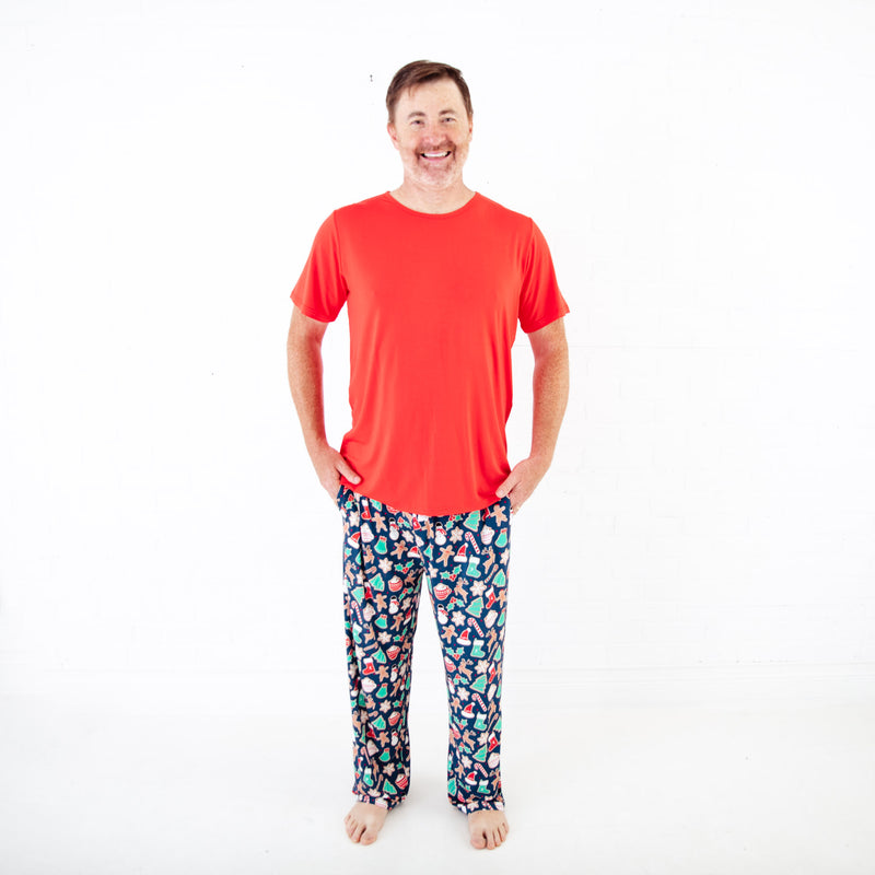 Man wearing Red and Navy Christmas Pajamas.
