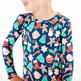 Close-up of Navy Christmas Bamboo Pajamas print.