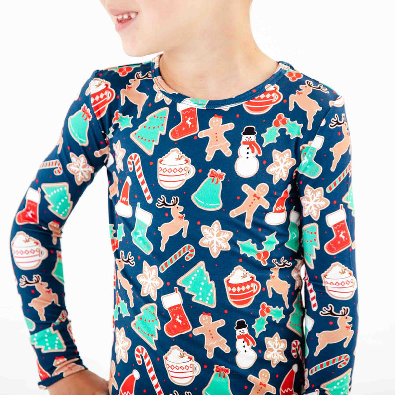 Close-up of Navy Christmas Bamboo Pajamas print.