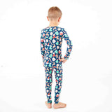 Back view of boys navy Christmas pajamas.