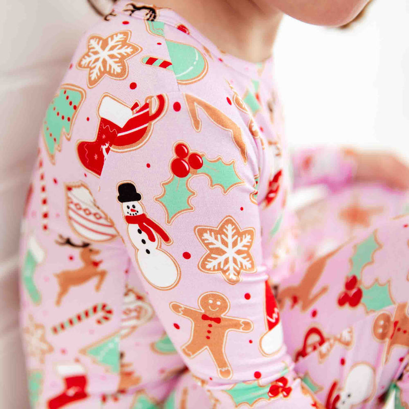 Close-up of pink Christmas themed bamboo pajamas