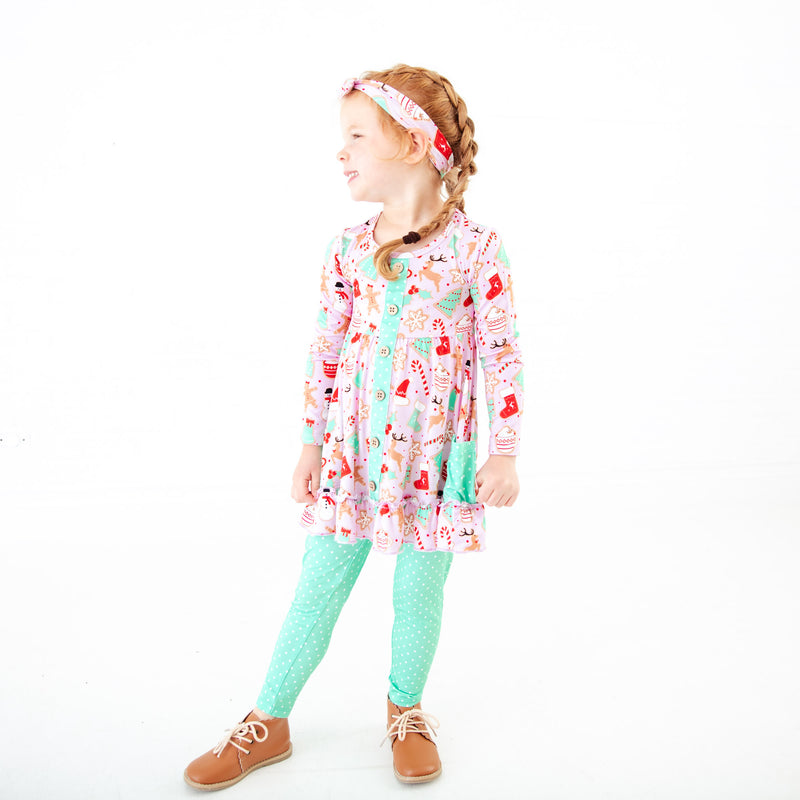 Girl wearing bamboo tunic and leggings outfit.