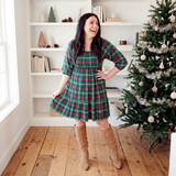 Dasher's Plaid Women's 3/4 Sleeve Tiered Smocked Dress