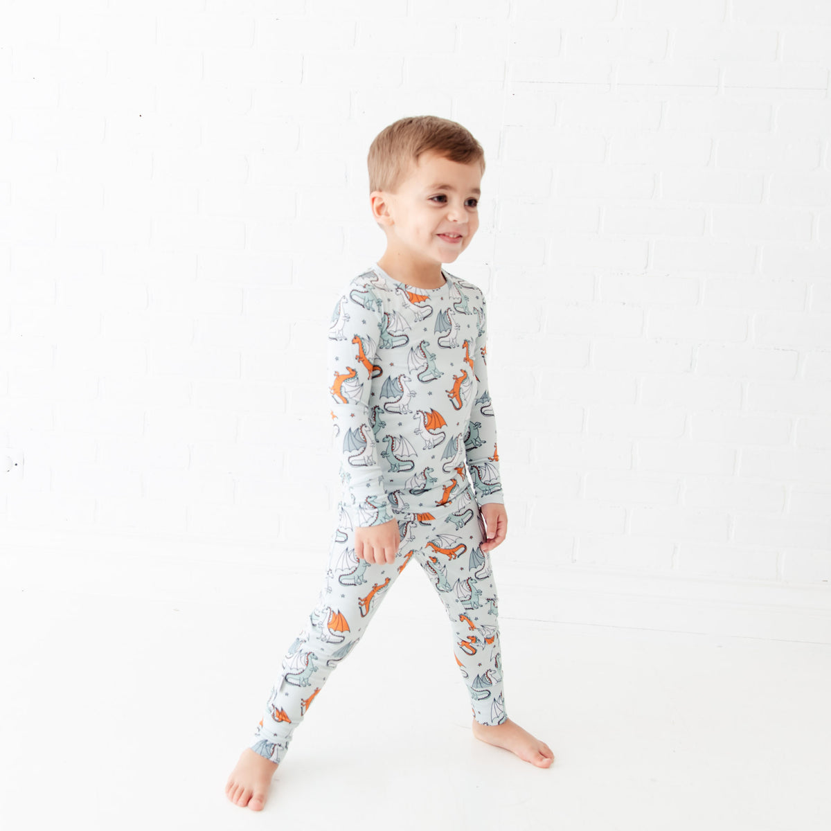 Kids’ two-piece pajamas with dragon design from Dreamiere