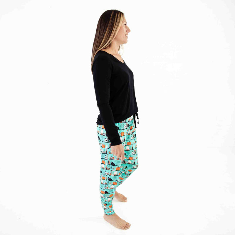 Woman in bamboo Halloween pajamas. 