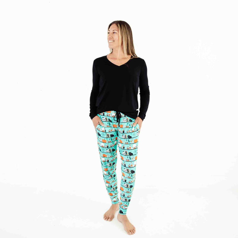 Woman wearing halloween themed bamboo pajamas. 