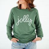 Green Jolly sweatshirt on woman. 