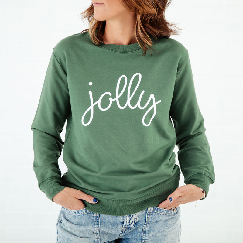 Green Jolly sweatshirt on woman. 