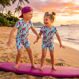 Two children standing on a pink surfboard at sunset on a beach with palm trees in the background.