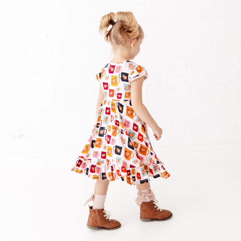 Coffee and Flowers Ruffle Bottom Twirler Dress