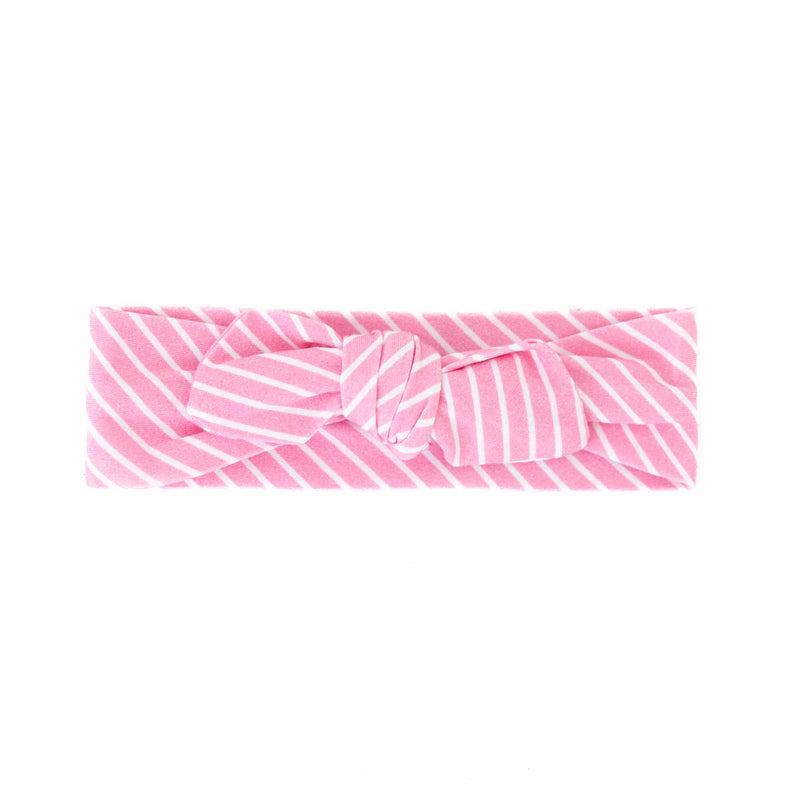 Pink and white striped knotted headband. 