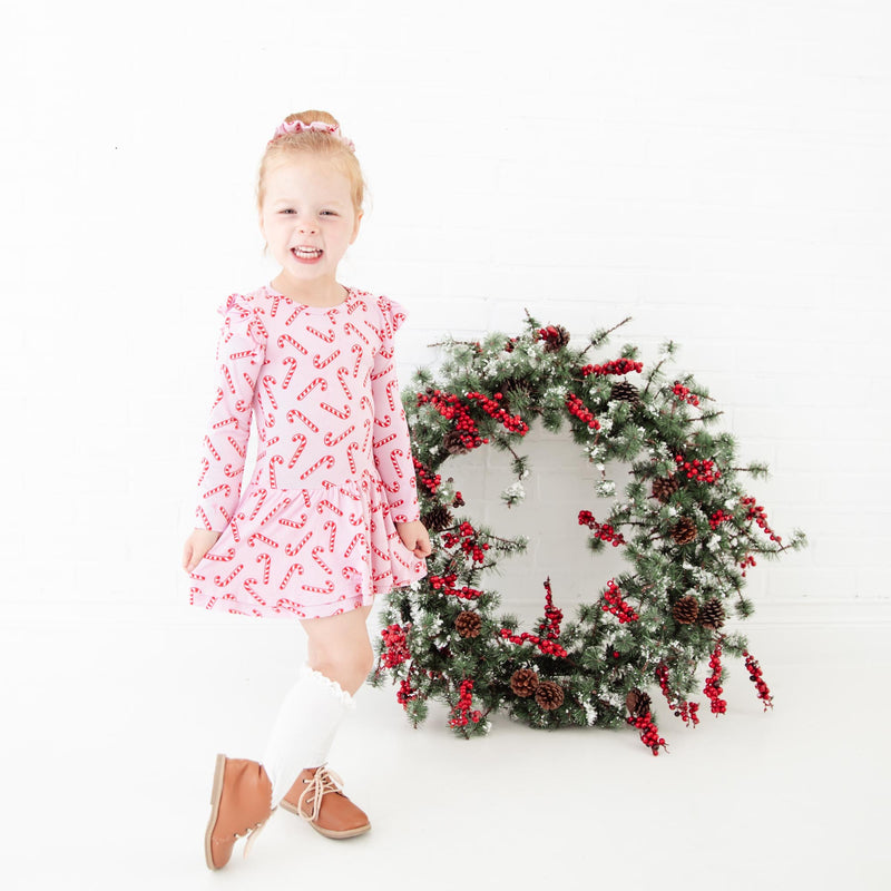 Candy Cane Lane Long Sleeve Ruffle Romper - Pink