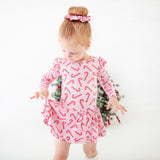 Candy Cane Lane Long Sleeve Ruffle Romper - Pink