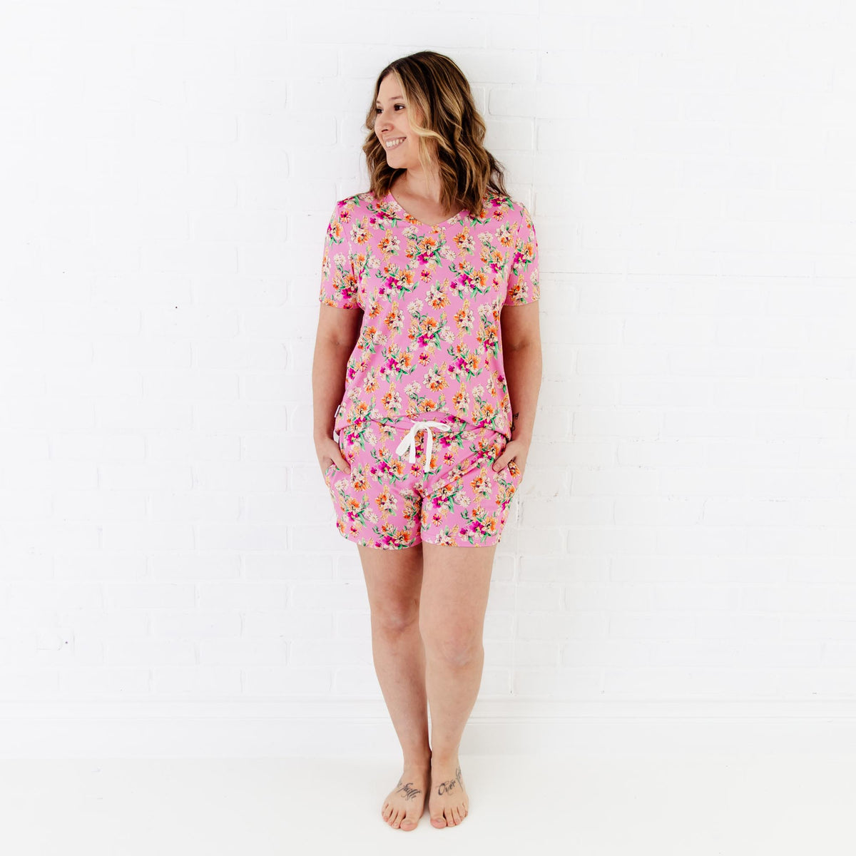 Women's pajamas with playful pink flower child design by Dreamiere