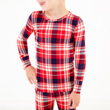 Close-up of red and blue print pajamas. 