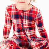 Close-up of Red plaid zipper pajamas. 