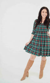 Dasher's Plaid Women's 3/4 Sleeve Tiered Smocked Dress