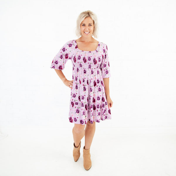 Coming Up Roses Women's 3/4 Sleeve Tiered Smocked Dress