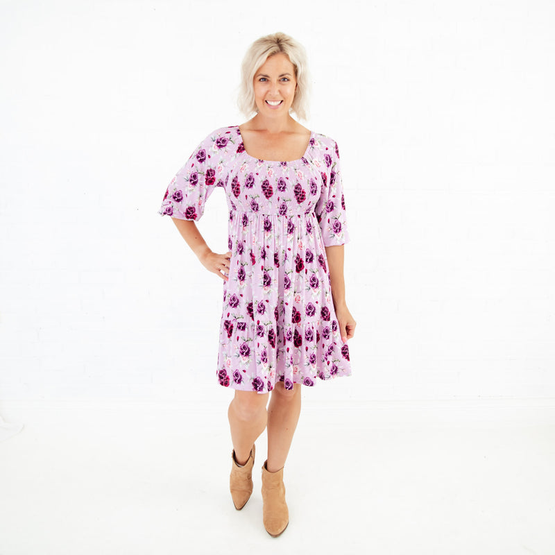 Coming Up Roses Women's 3/4 Sleeve Tiered Smocked Dress