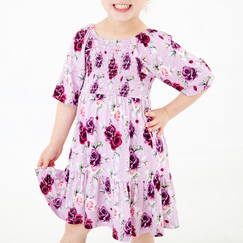 Coming Up Roses 3/4 Sleeve Tiered Smocked Dress