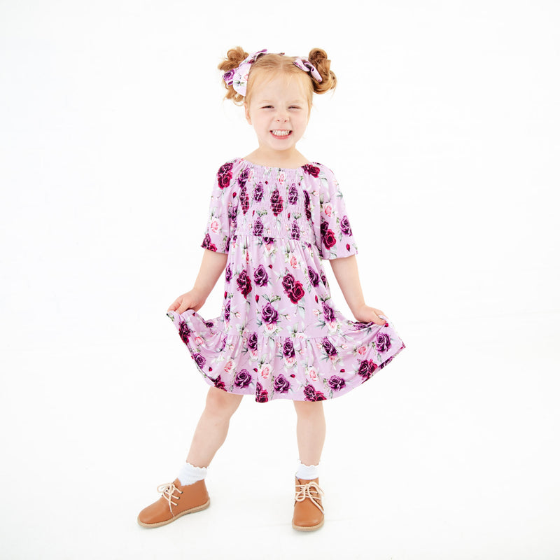 Coming Up Roses 3/4 Sleeve Tiered Smocked Dress