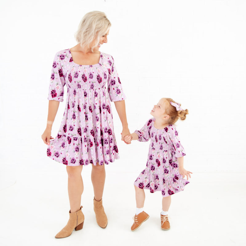 Coming Up Roses 3/4 Sleeve Tiered Smocked Dress