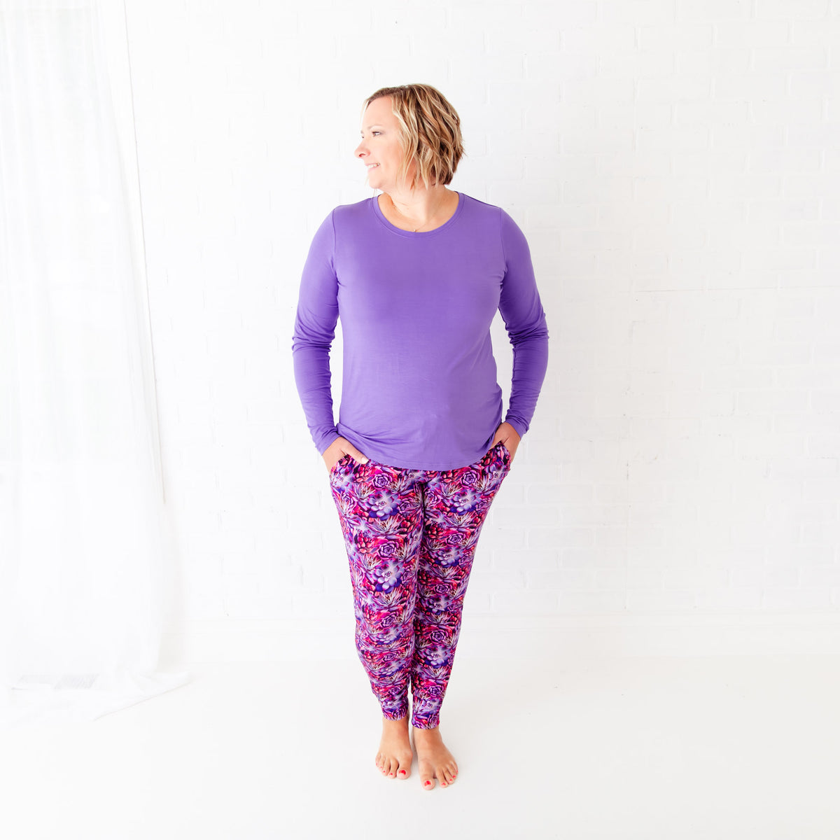 Women's loungewear in rich purple with artistic print from Dreamiere