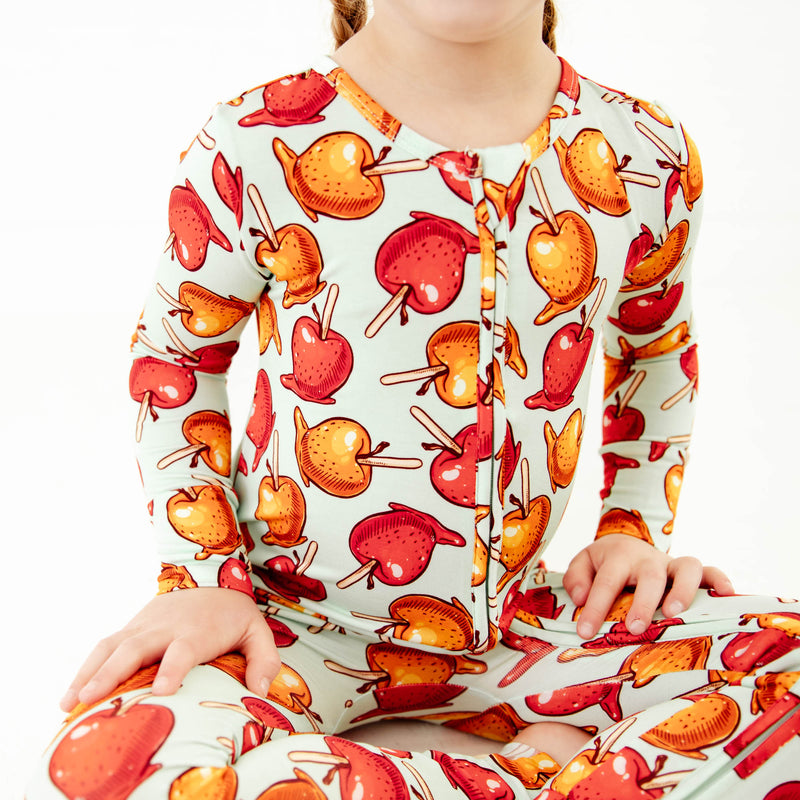 Details of caramel apple print bamboo pajamas. 