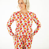 Woman in caramel apple bamboo pajamas. 